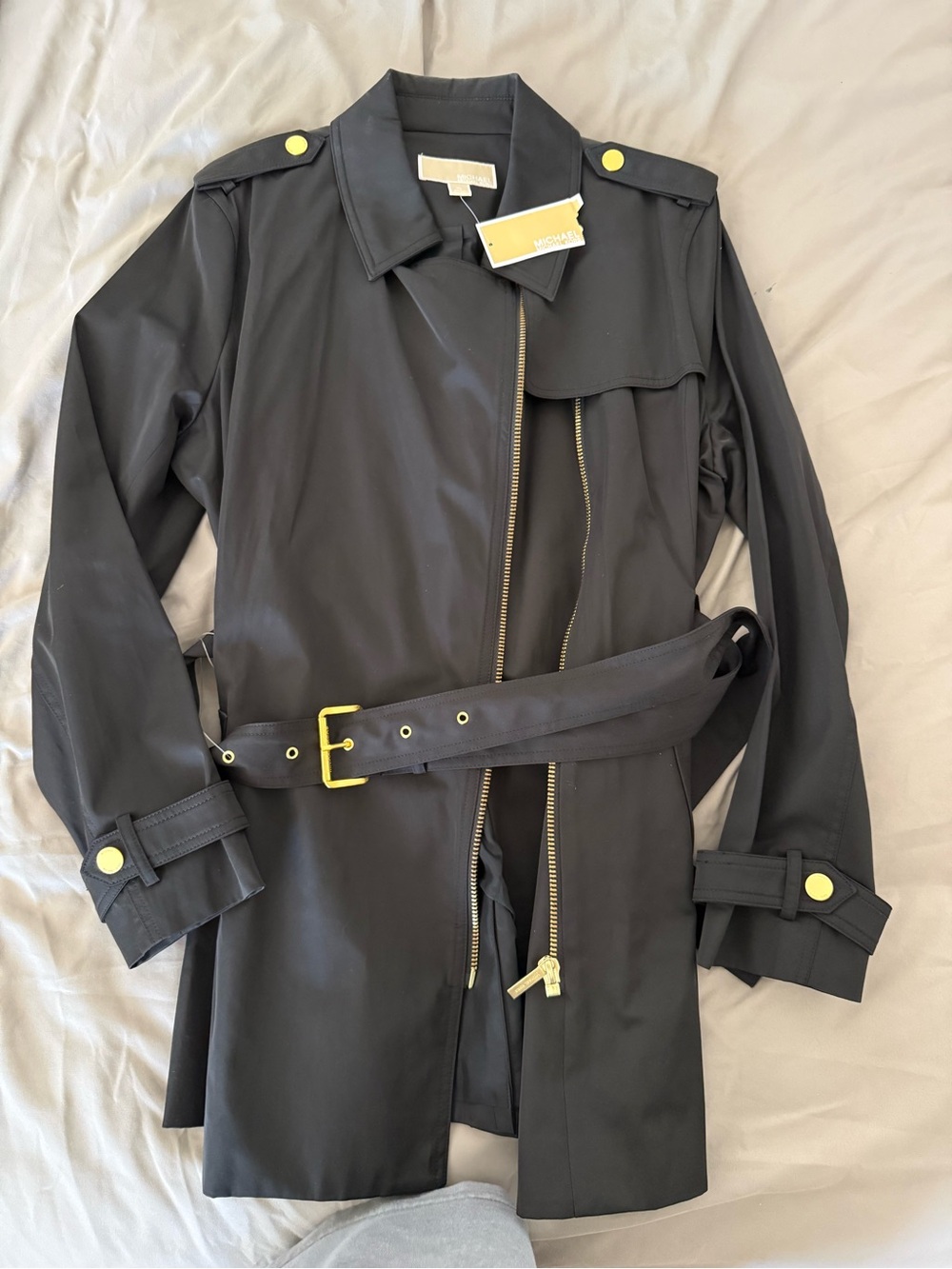 Michael Kors Black Trench Coat with Gold Hardware
